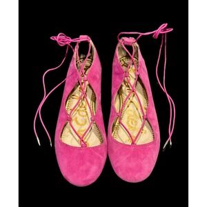 Sam Edelman Flynt Hot Pink Suede Lace Up Ballet Flats Womens 6M Fuchsia Ghillie
